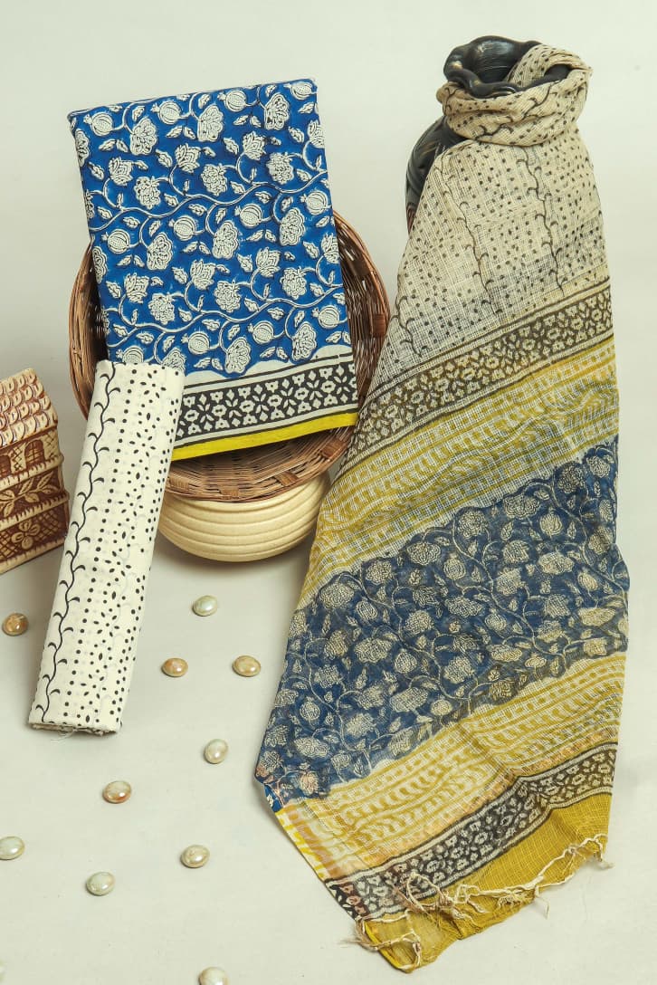 APPEALING FLORAL HAND BLOCK PRINT COTTON SUIT WITH KOTA DORIA DUPATTA (3CKDYS208)