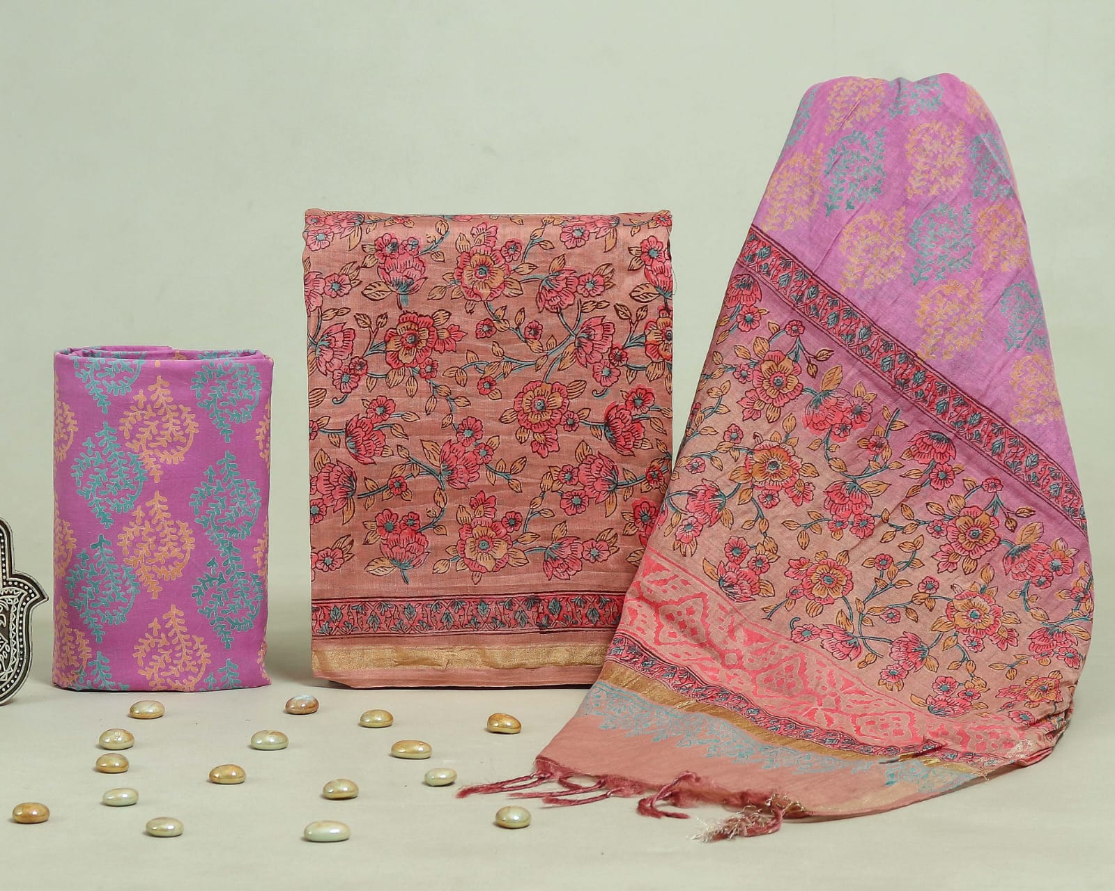 DESIGNER HAND BLOCK PRINT CHANDERI SILK SUIT SET WITH PREMIUM CHANDERI DUPATTA (CHDYS64)