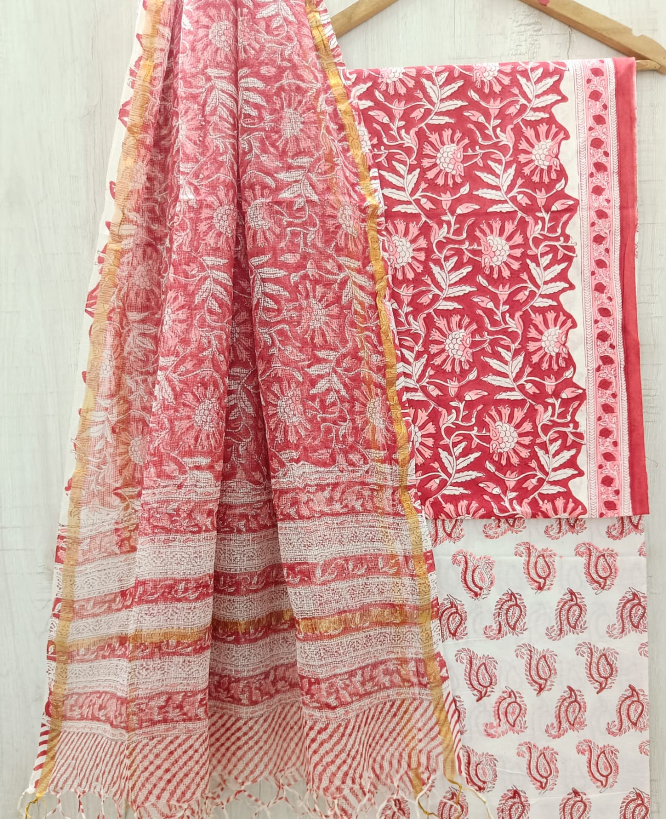 Designer Hand Block Print Pure Cotton Suit Material with Kota Doria Dupatta (3CKDYS17)