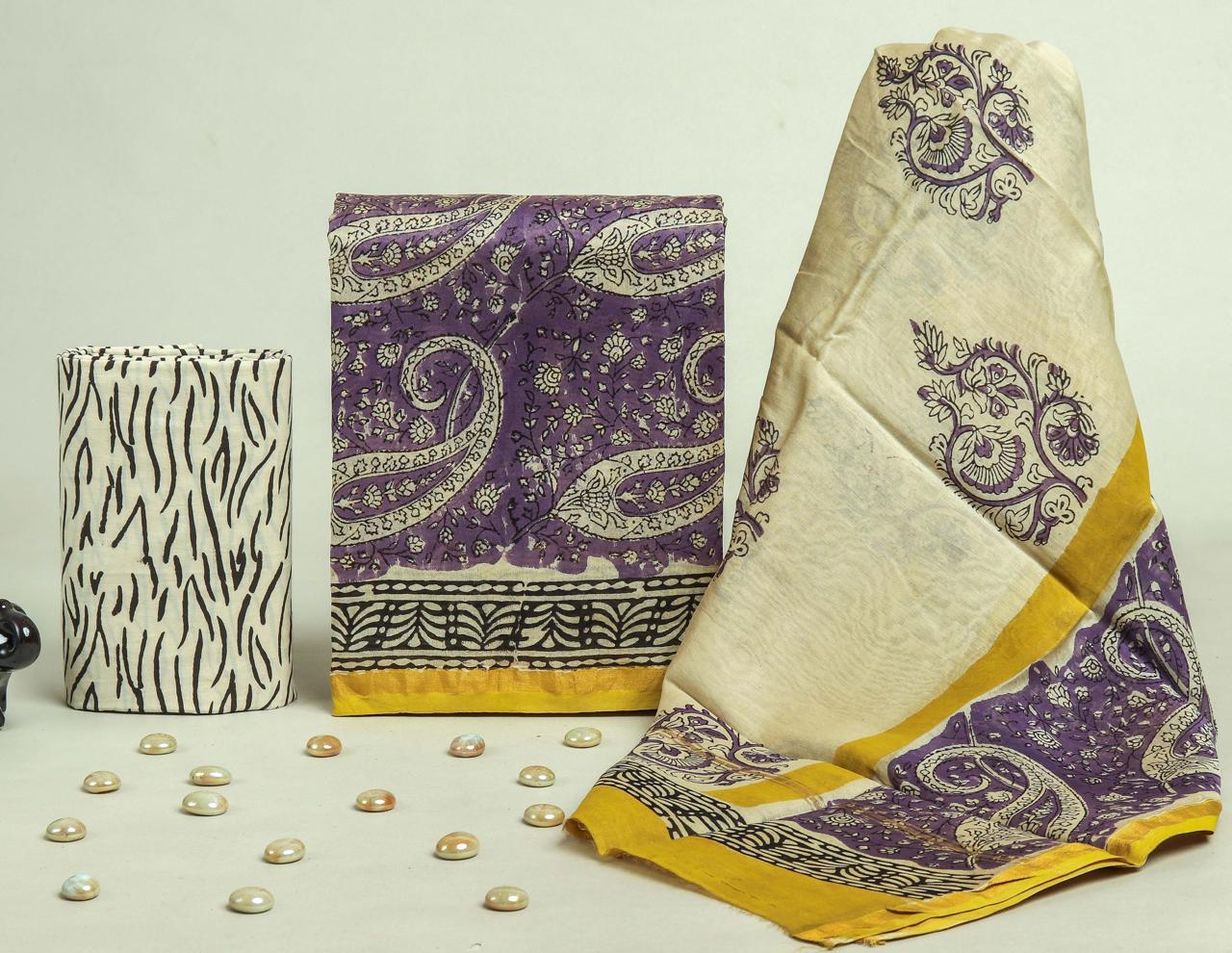 YUVI STYLE HAND PRINTED CHANDERI SILK SUIT SET WITH CHANDERI DUPATTA (CHDYS229)