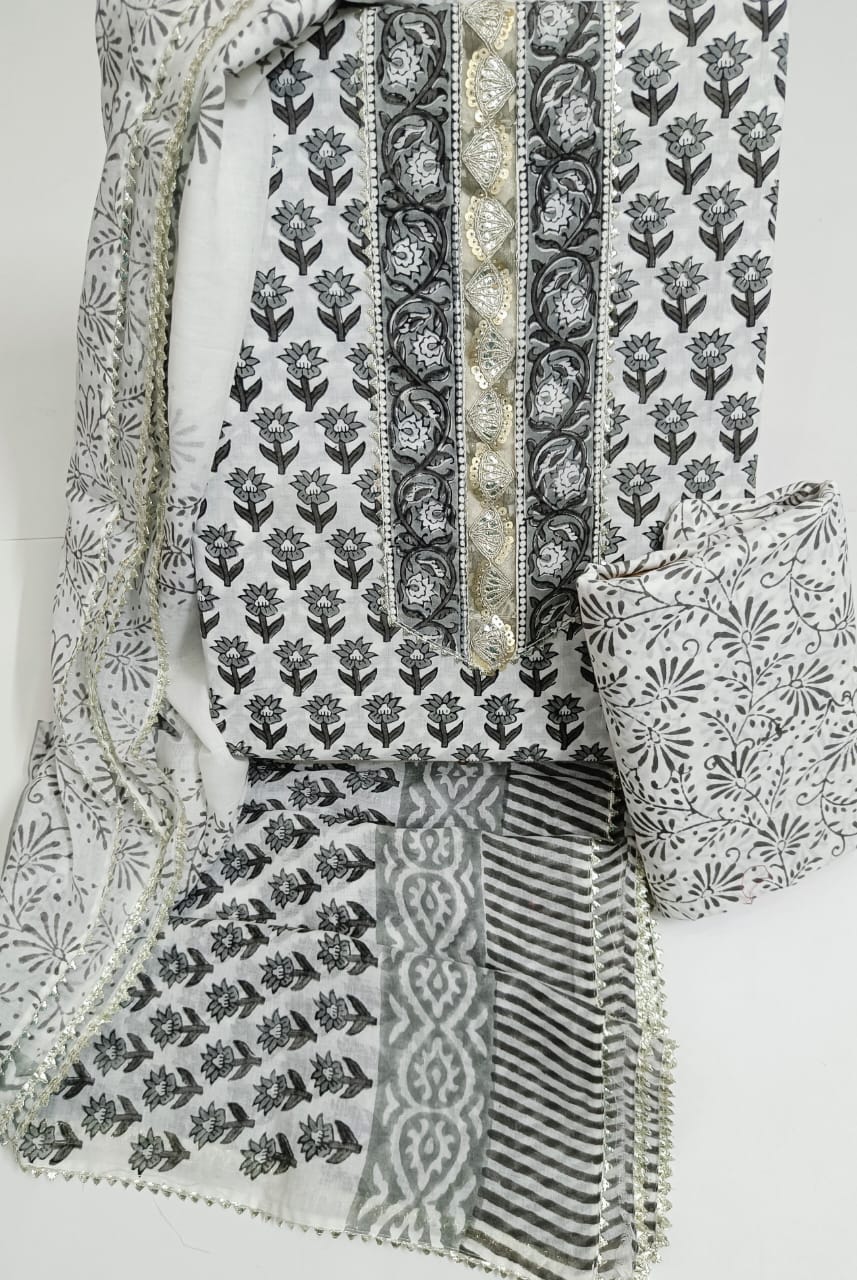 SANGANERI PRINT COTTON SUIT MATERIAL WITH COTTON DUPATTA GOTTA TYE NECK WORK (GOTAYS41)