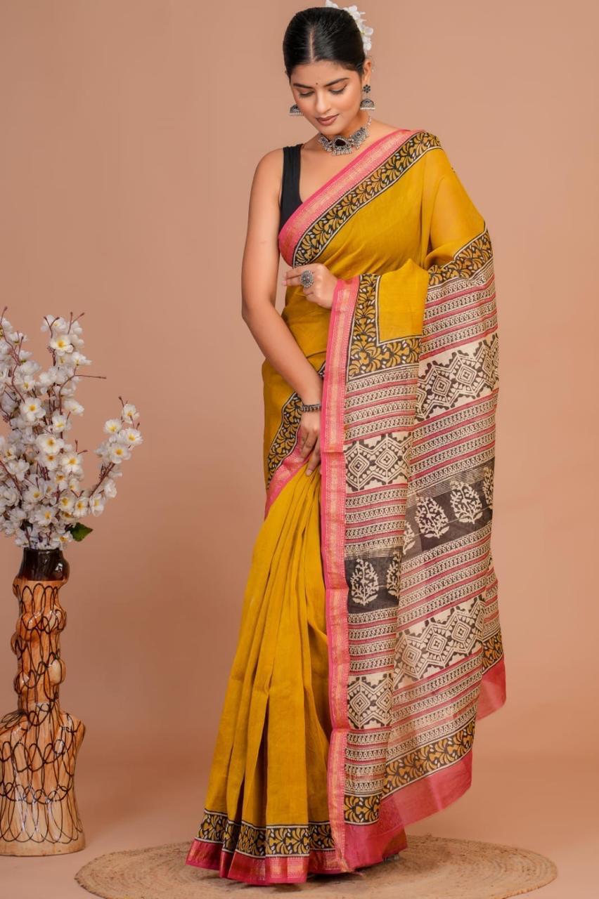 DESIGNER HAND BLOCK PRINTED MAHESWARI SILK SAREE ( MSYS18)