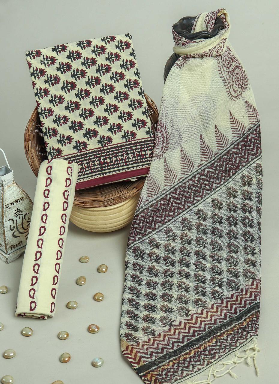 DESIGNER HAND BLOCK PRINT PURE COTTON SUIT WITH KOTA DORIA DUPATTA (3CKDYS109)