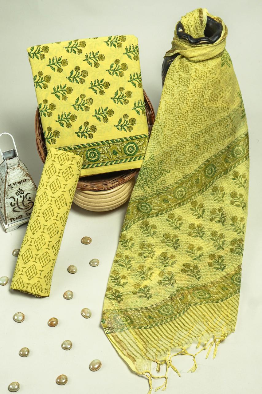 DESIGNER HAND BLOCK PRINT SUIT MATERIAL WITH KOTA DORIA DUPATTA (3CKDYS152)