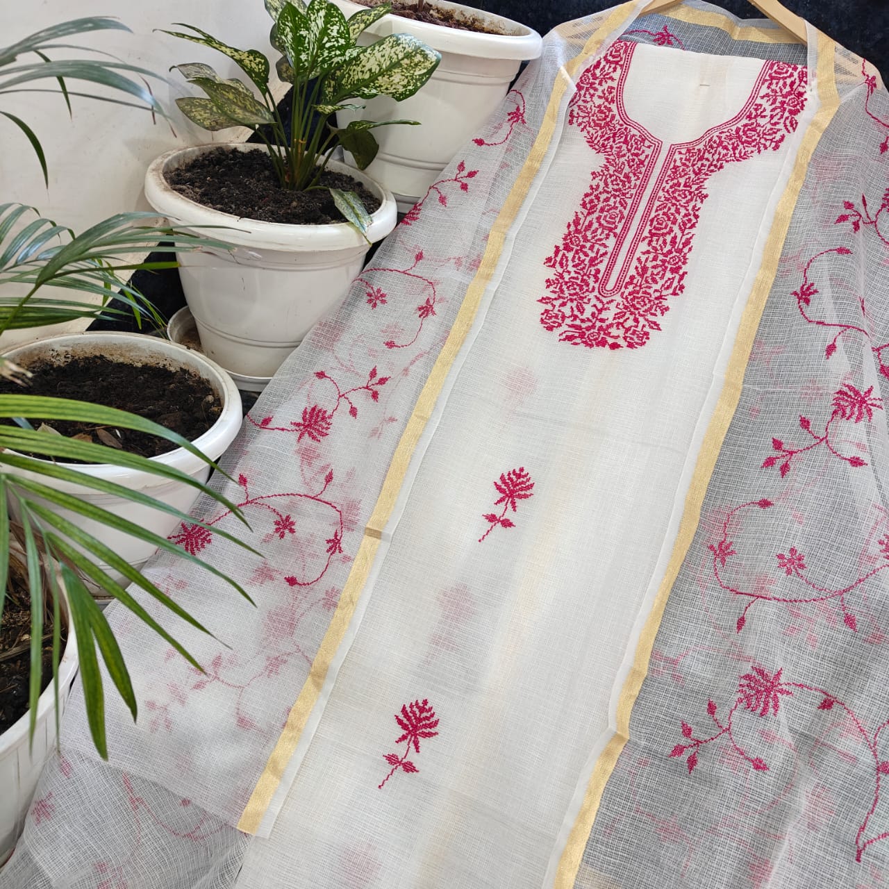 Beautiful Kota Doria Suit In White Colour With Pink Embroidery Work (FKDYS107)