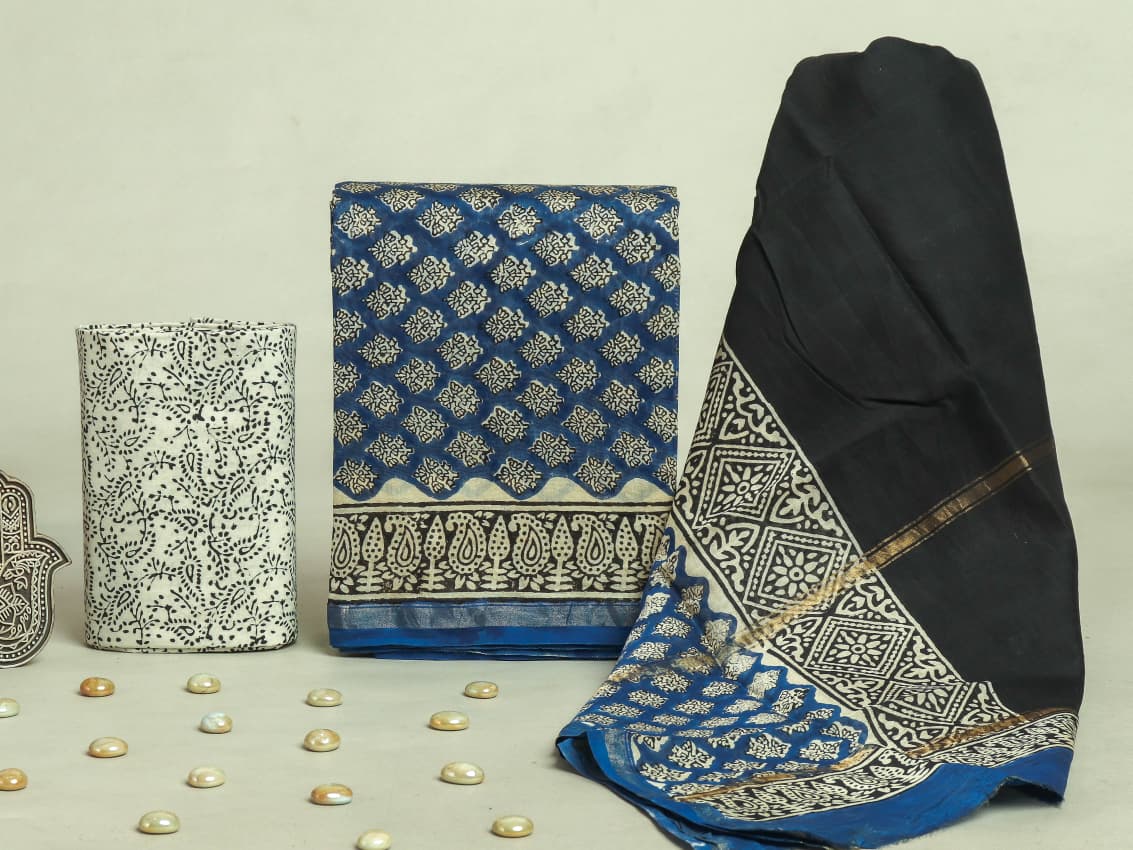 EXCLUSIVE HAND BLOCK CHANDERI SILK SUIT SET WITH CHANDERI DUPATTA (CHDYS183)