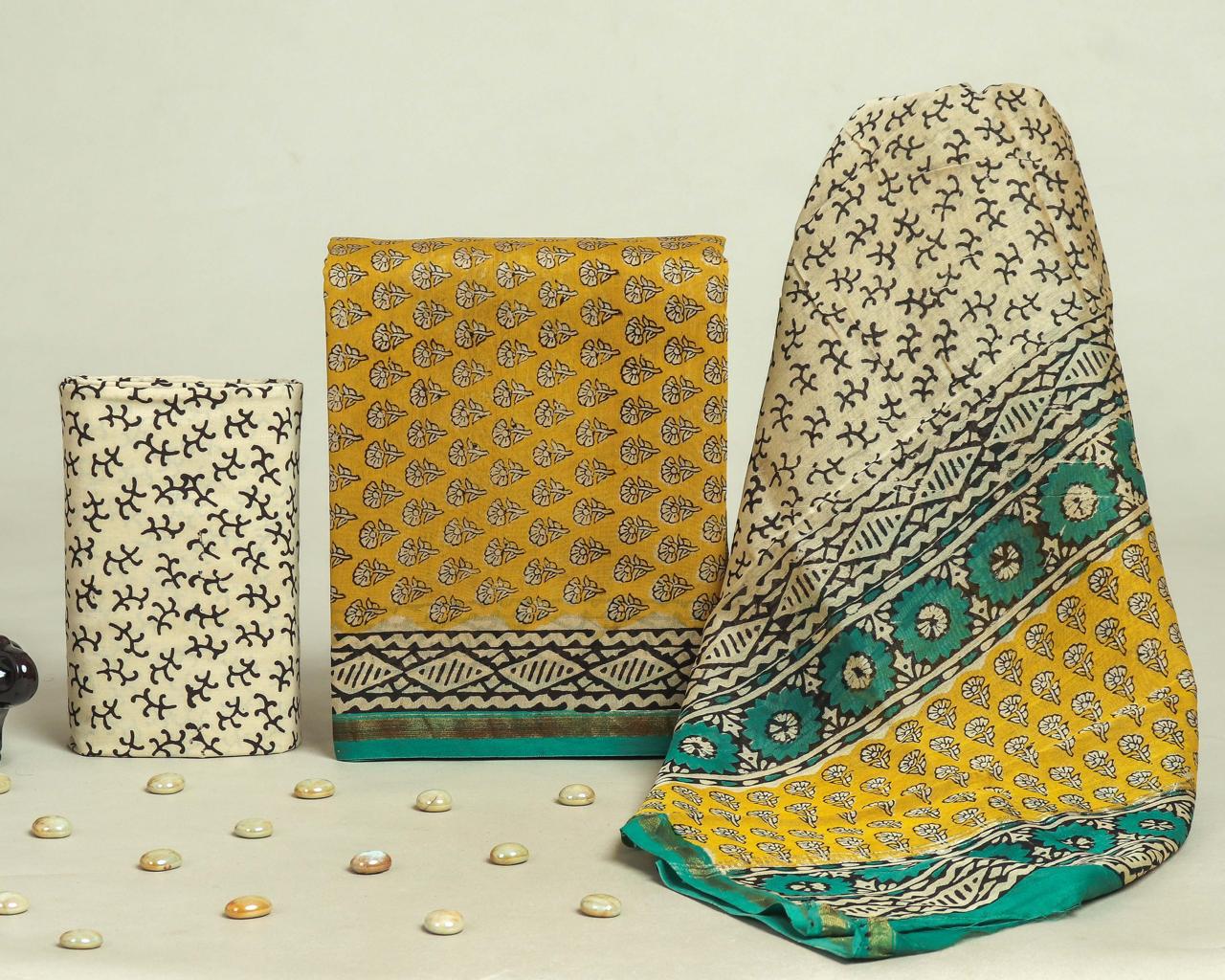 TRADITIONAL HAND BLOCK CHANDERI SILK SUIT SET WITH CHANDERI DUPATTA (CHDYS260)