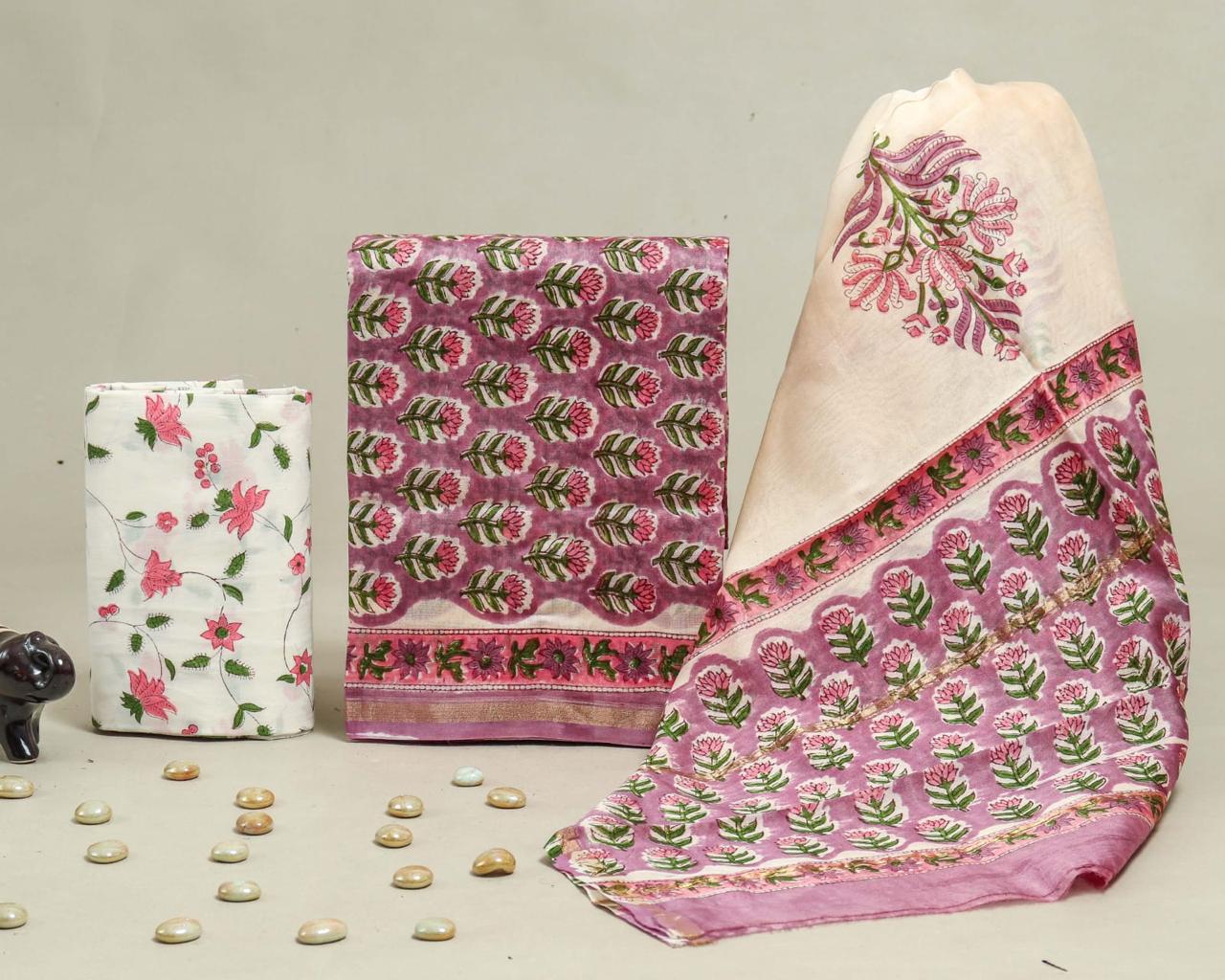 DESIGNER HAND BLOCK PRINT CHANDERI SILK SUIT SET WITH PREMIUM CHANDERI DUPATTA(CHDYS79)
