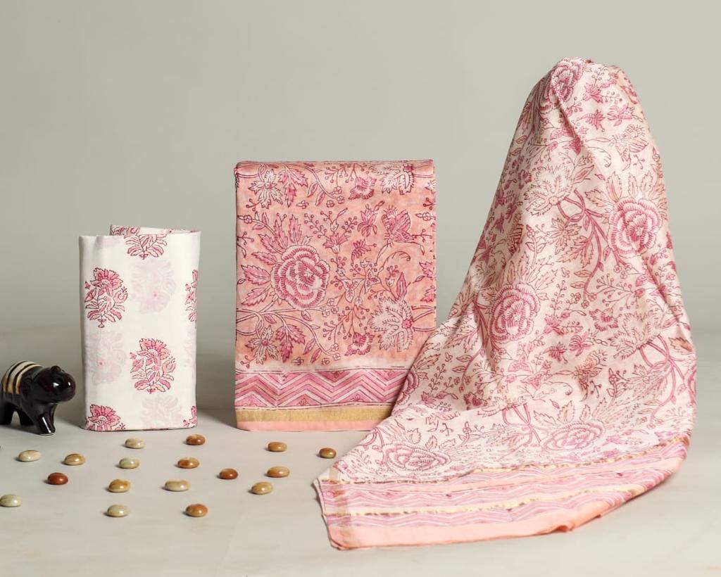 TRADITIONAL HAND BLOCK CHANDERI SILK SUIT SET WITH CHANDERI DUPATTA (CHDYS242)