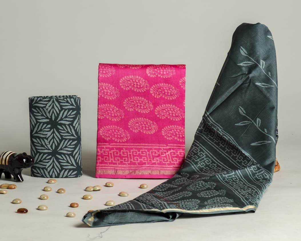 EXCLUSIVE  HAND BLOCK CHANDERI SILK SUIT SET WITH CHANDERI DUPATTA (CHDYS157)