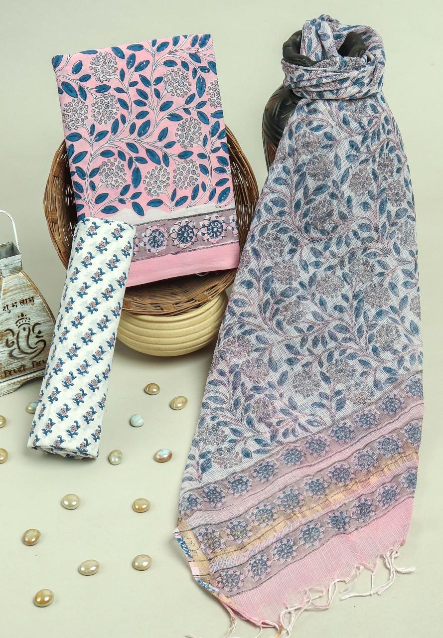 APPEALING HAND BLOCK PRINT PURE COTTON SUIT WITH DORIA DUPATTA(3CKDYS186)