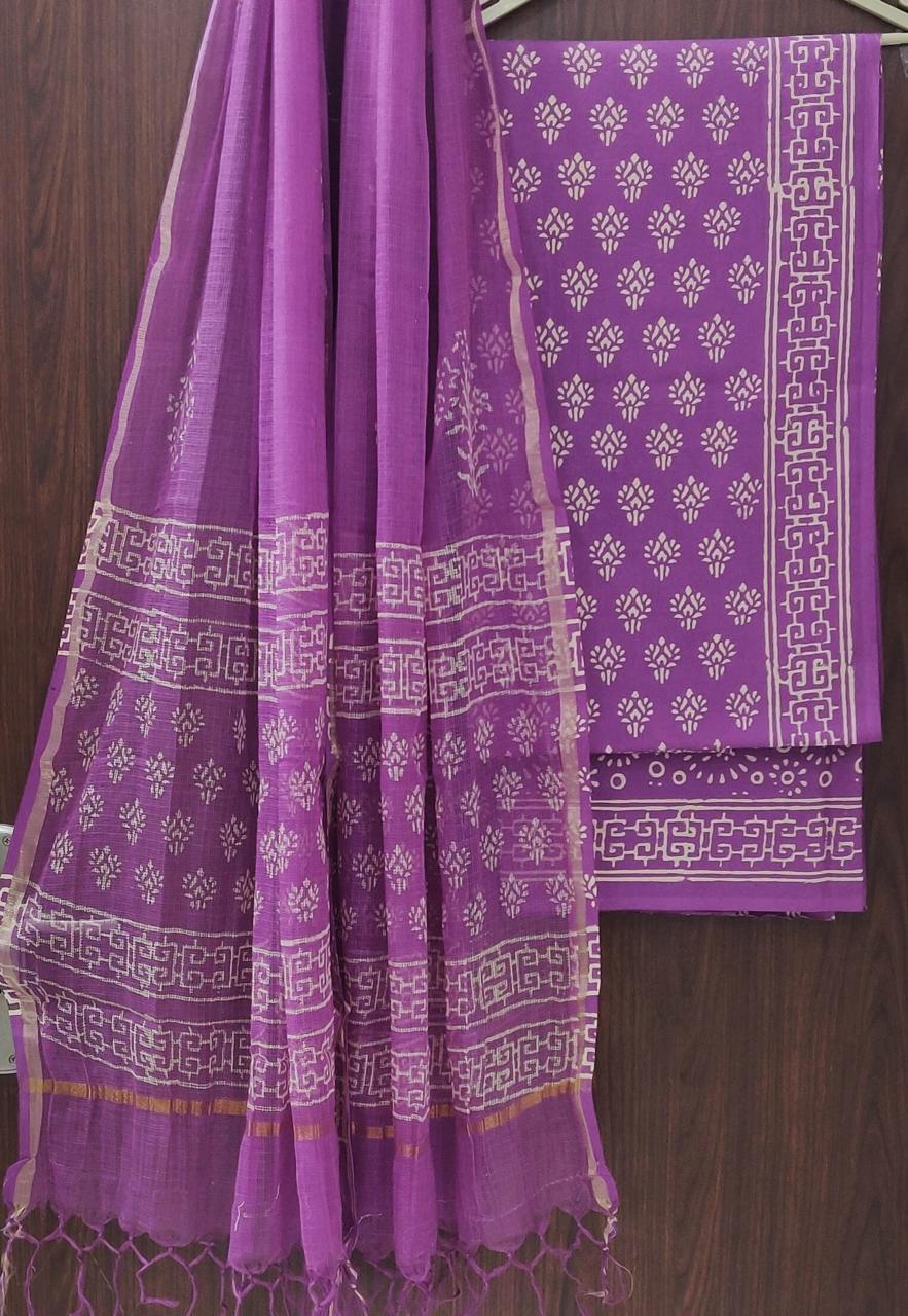 DESIGNER HAND BLOCK PRINT PURE COTTON SUIT MATERIAL WITH KOTA DORIA DUPATTA (3CKDYS266)