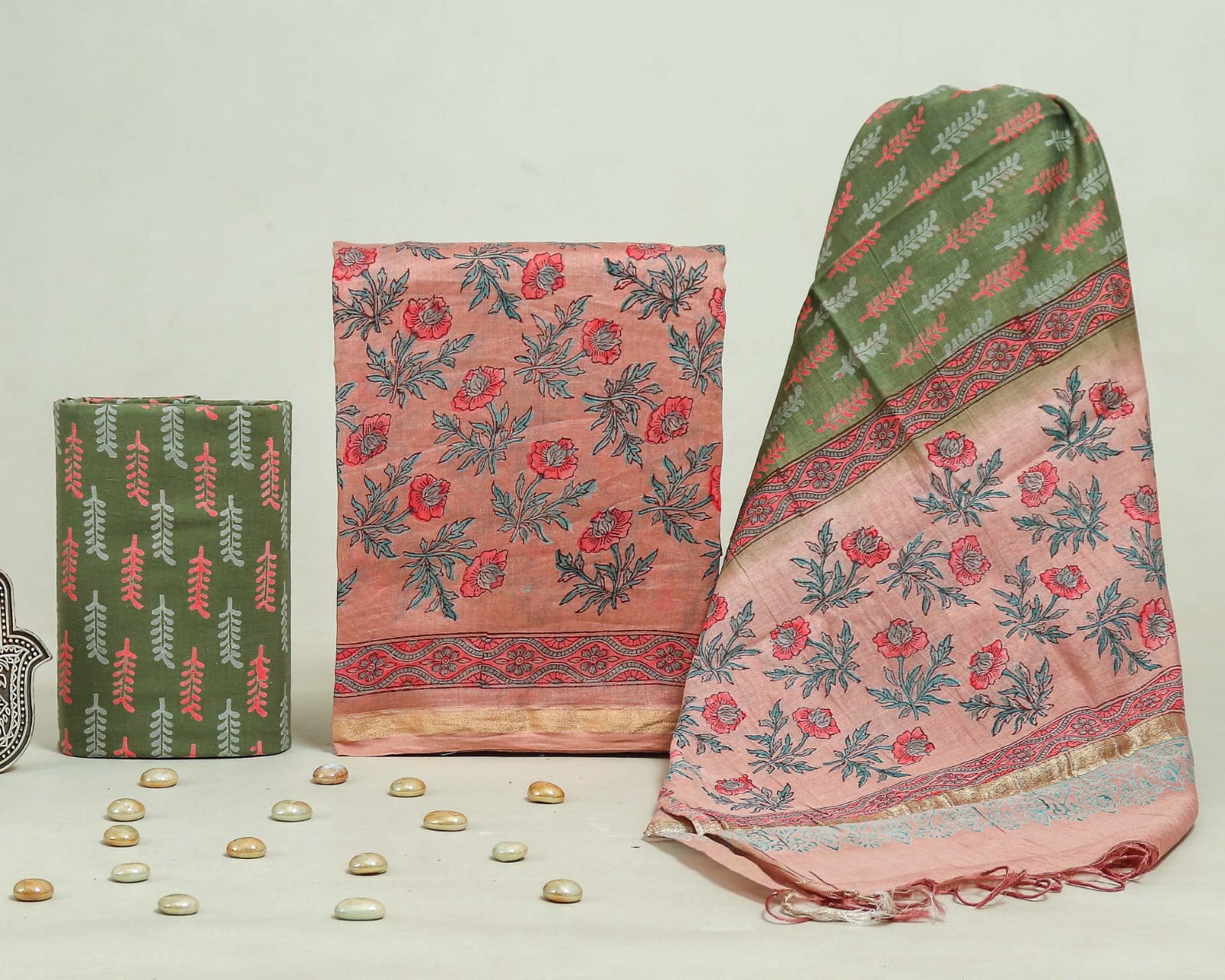 DESIGNER HAND BLOCK PRINT CHANDERI SILK SUIT SET WITH PREMIUM CHANDERI DUPATTA (CHDYS42)