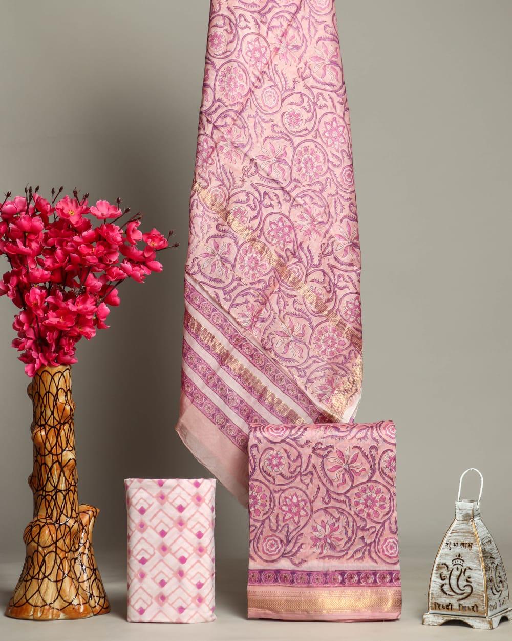 Designer Hand Block Print Maheshwari Silk Suit Set (MSLYS22)