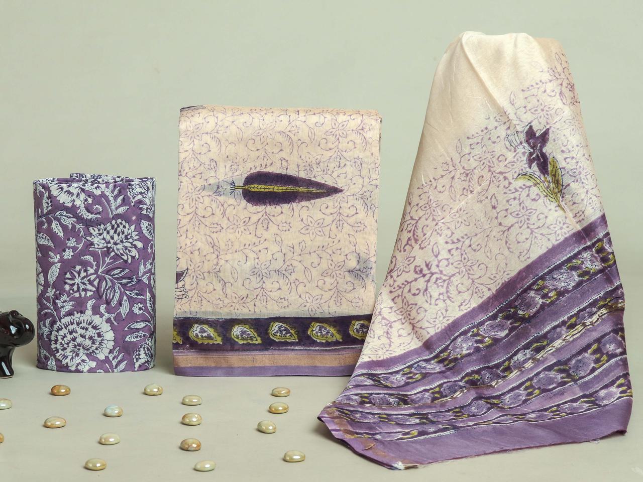 DESIGNER HAND BLOCK PRINT CHANDERI SILK SUIT SET WITH PREMIUM CHANDERI DUPATTA (CHDYS69)