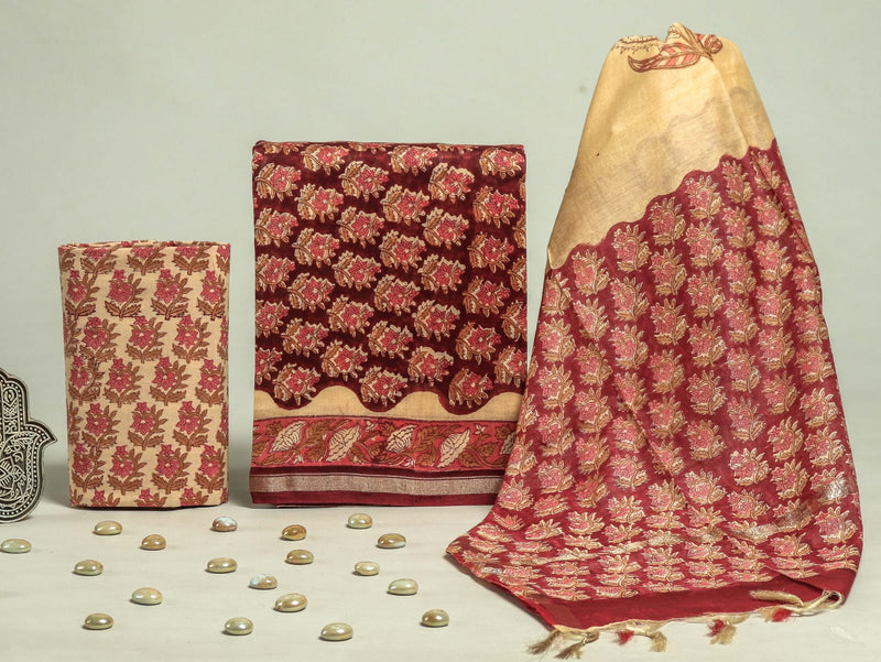 YUVI STYLE HAND BLOCK CHANDERI SILK SUIT SET WITH CHANDERI DUPATTA (CHDYS149)