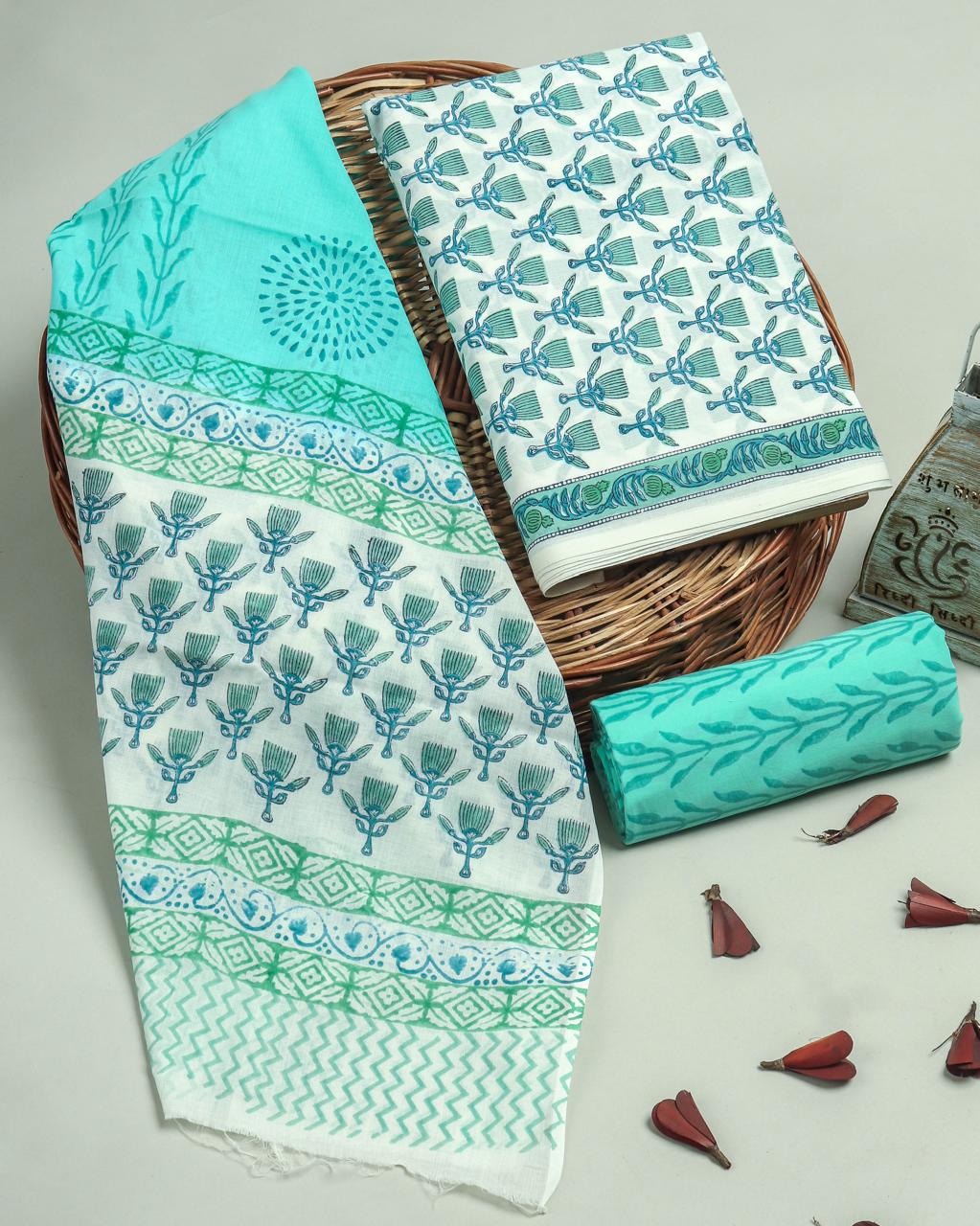 SANGANERI HAND BLOCK PRINT COTTON SUIT WITH MULMUL DUPATTA (MALYS49)