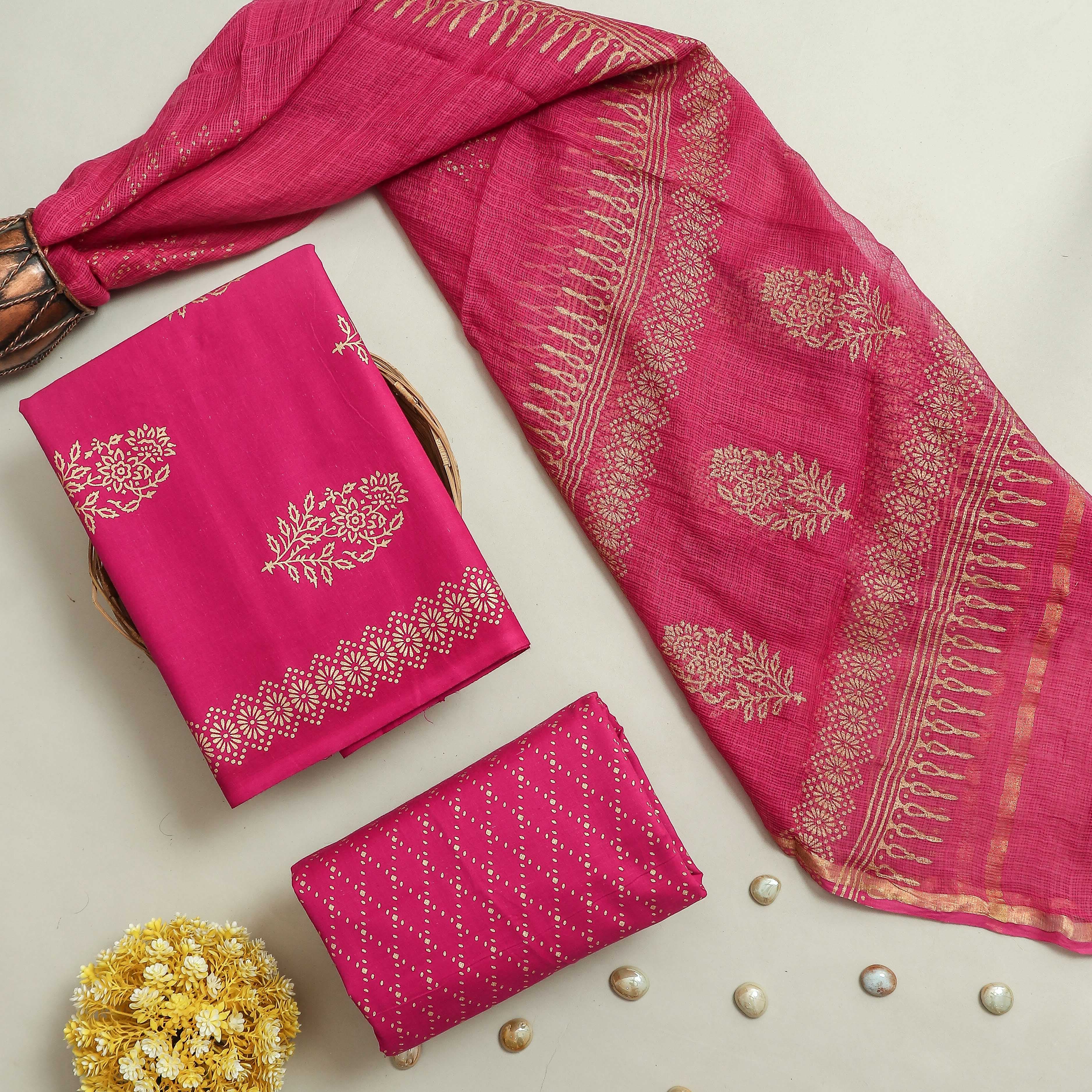 APPEALING FLORAL HAND BLOCK PRINT COTTON SUIT WITH KOTA DORIA DUPATTA (3CKDYS215)