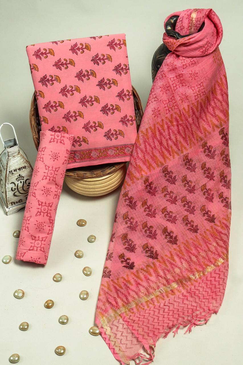 DESIGNER HAND BLOCK PRINT PURE COTTON SUIT MATERIAL WITH KOTA DORIA DUPATTA (3CKDYS79)
