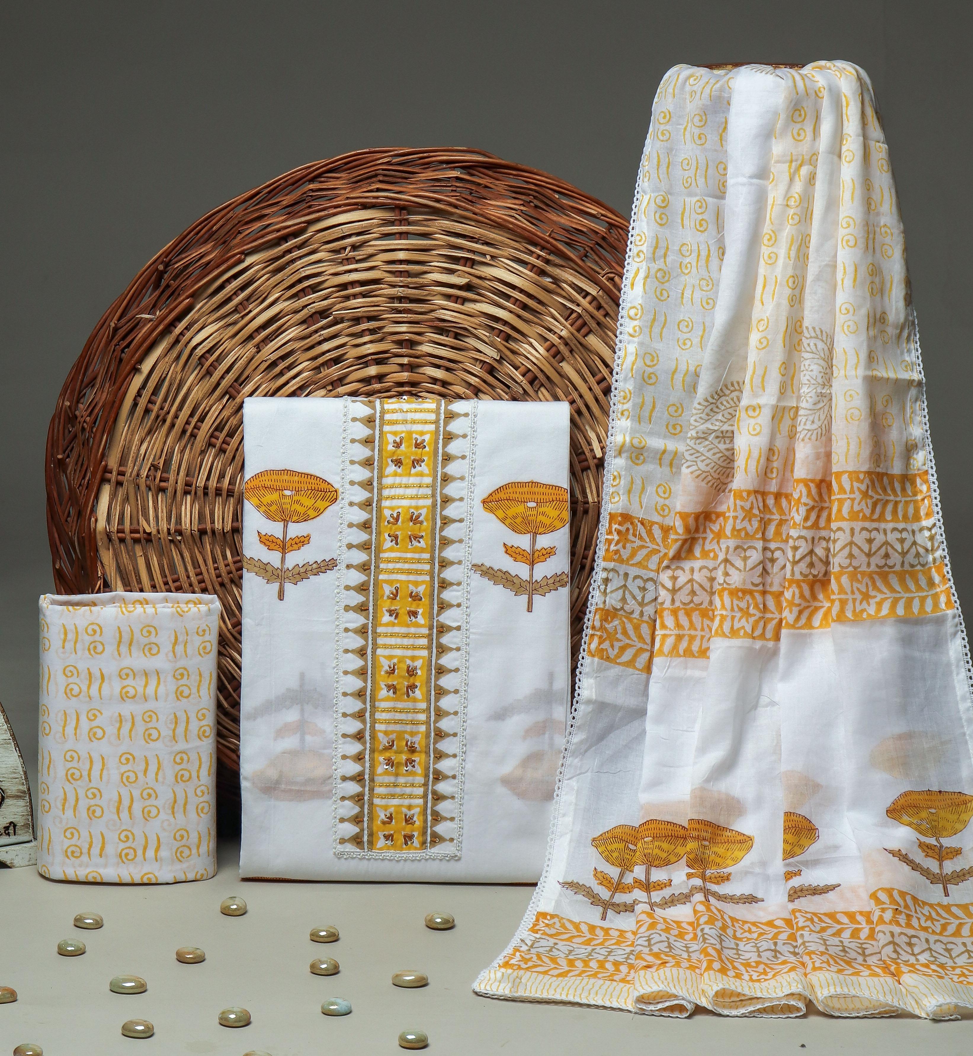 SANGANERI PRINT COTTON SUIT MATERIAL WITH COTTON DUPATTA GOTTA TYE NECK WORK (GOTAYS41)