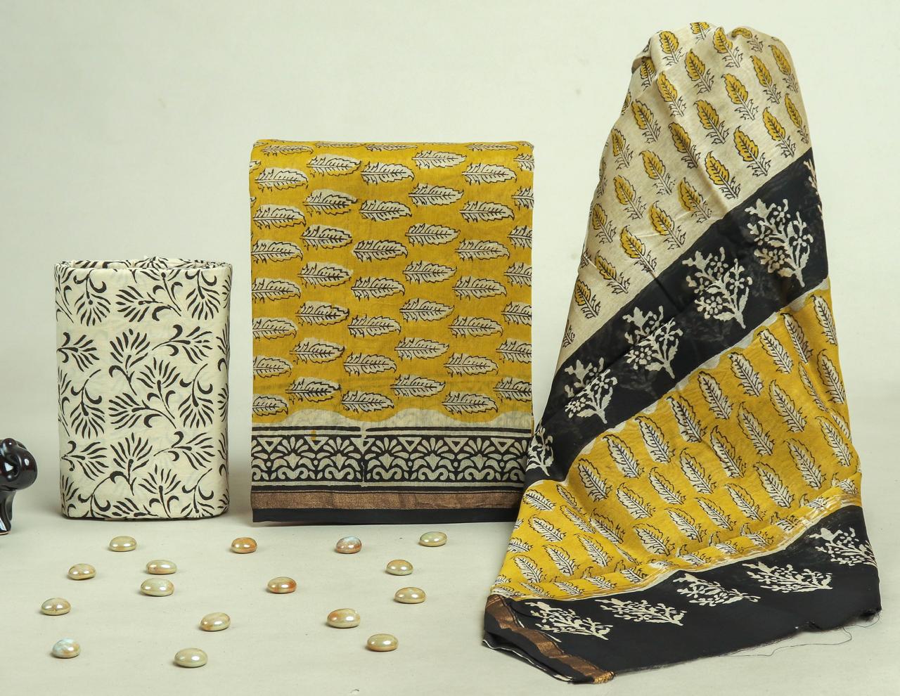 ELEGANT HAND BLOCK CHANDERI SILK SUIT SET WITH CHANDERI DUPATTA (CHDYS262)