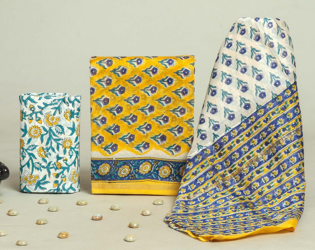 DESIGNER HAND BLOCK PRINT CHANDERI SILK SUIT SET WITH PREMIUM CHANDERI DUPATTA (CHDYS94)
