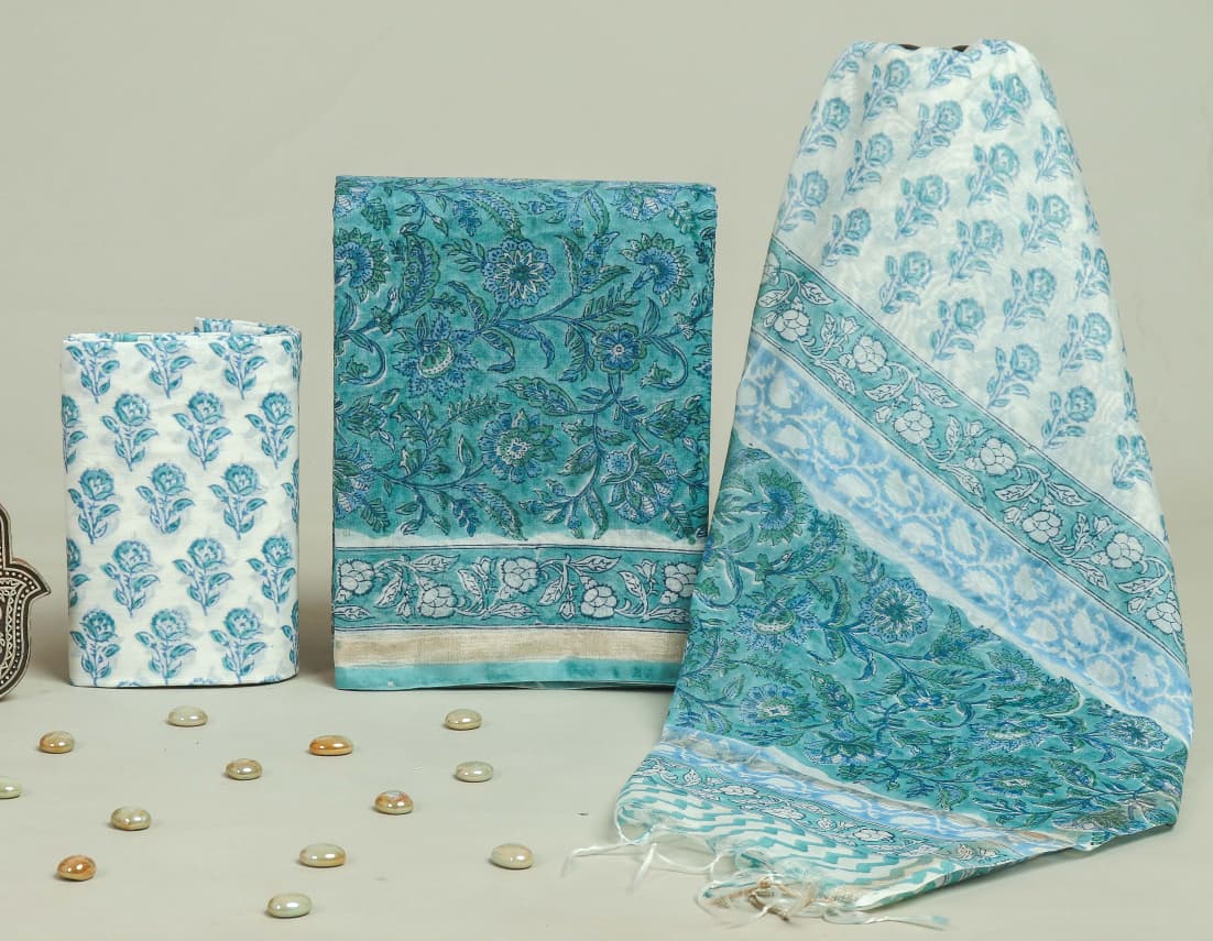 ELEGANT HAND BLOCK CHANDERI SILK SUIT SET WITH CHANDERI DUPATTA (CHDYS270)