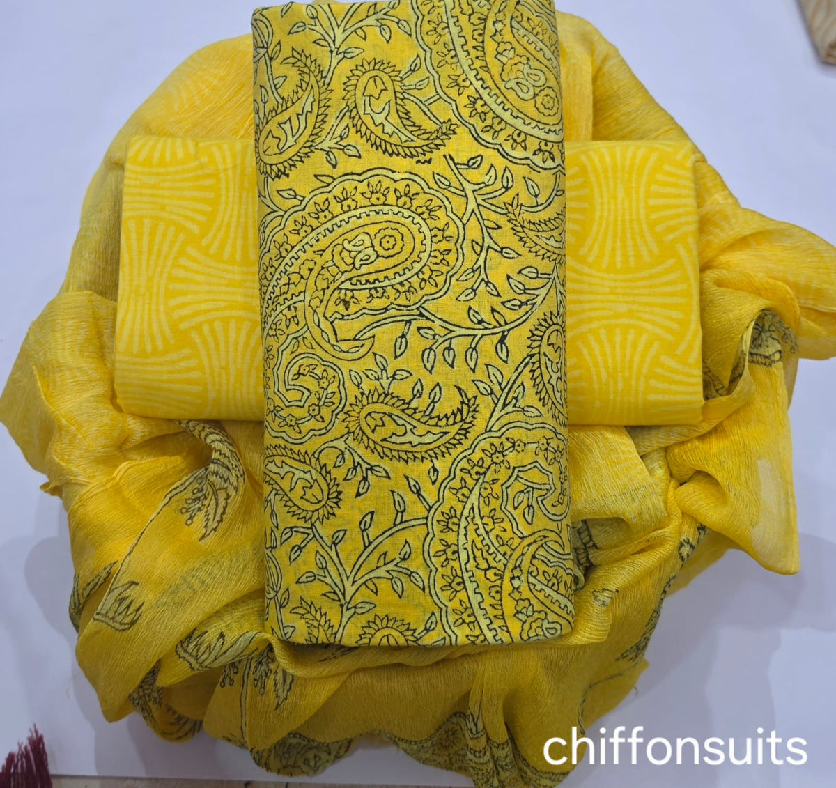 Designer Hand Block Print Pure Cotton Suit with Chiffon Dupatta (PCHFYS10)