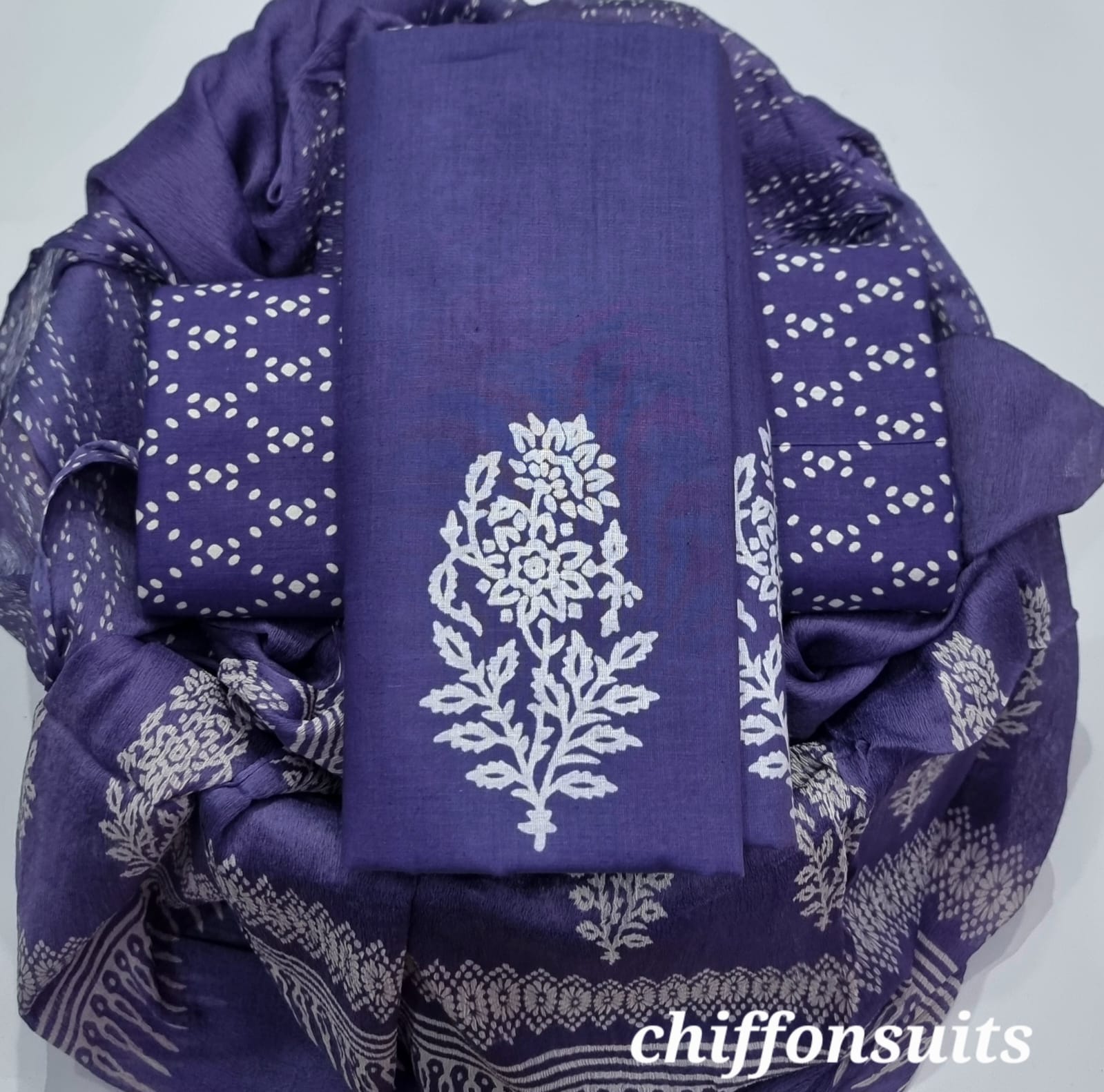 HAND BLOCK PRINT PURE COTTON SUIT WITH CHIFFION DUPTTA (PCHFY87)