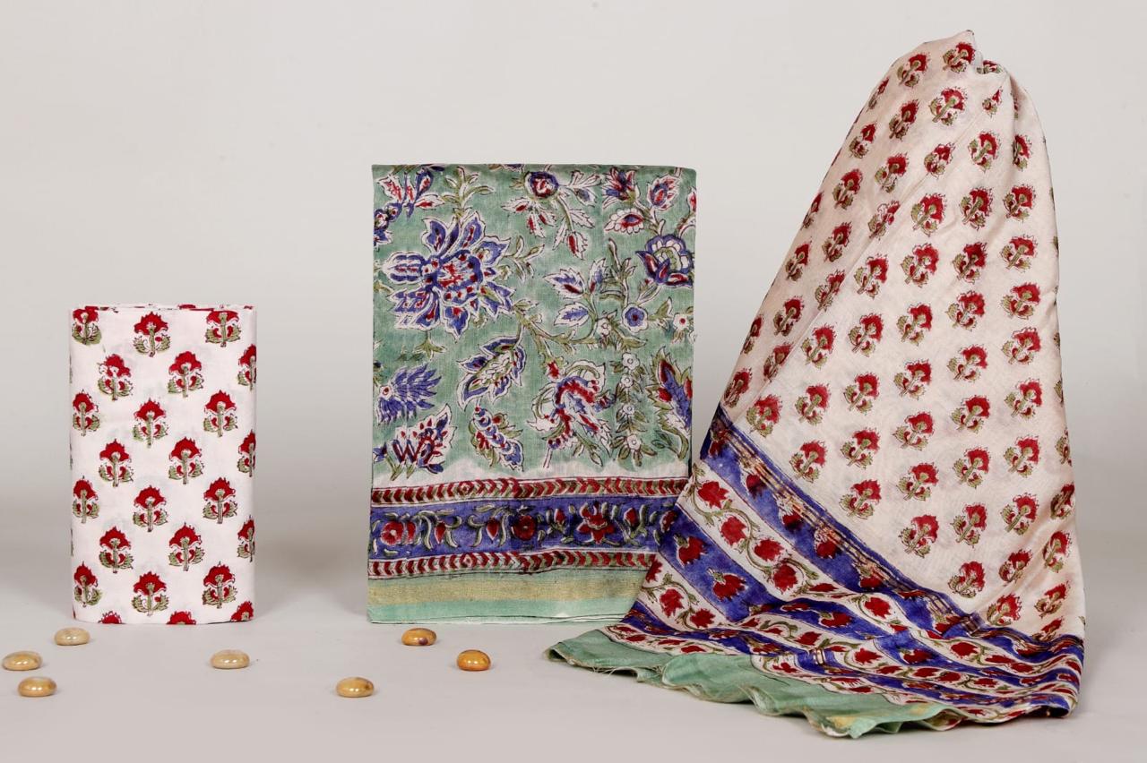 EXCLUSIVE  HAND BLOCK CHANDERI SILK SUIT SET WITH CHANDERI DUPATTA (CHDYS152)