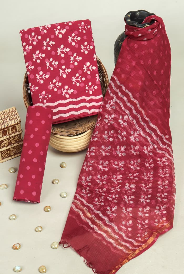 DESIGNER HAND BLOCK PRINT PURE COTTON SUIT MATERIAL WITH KOTA DORIA DUPATTA (3CKDYS232)