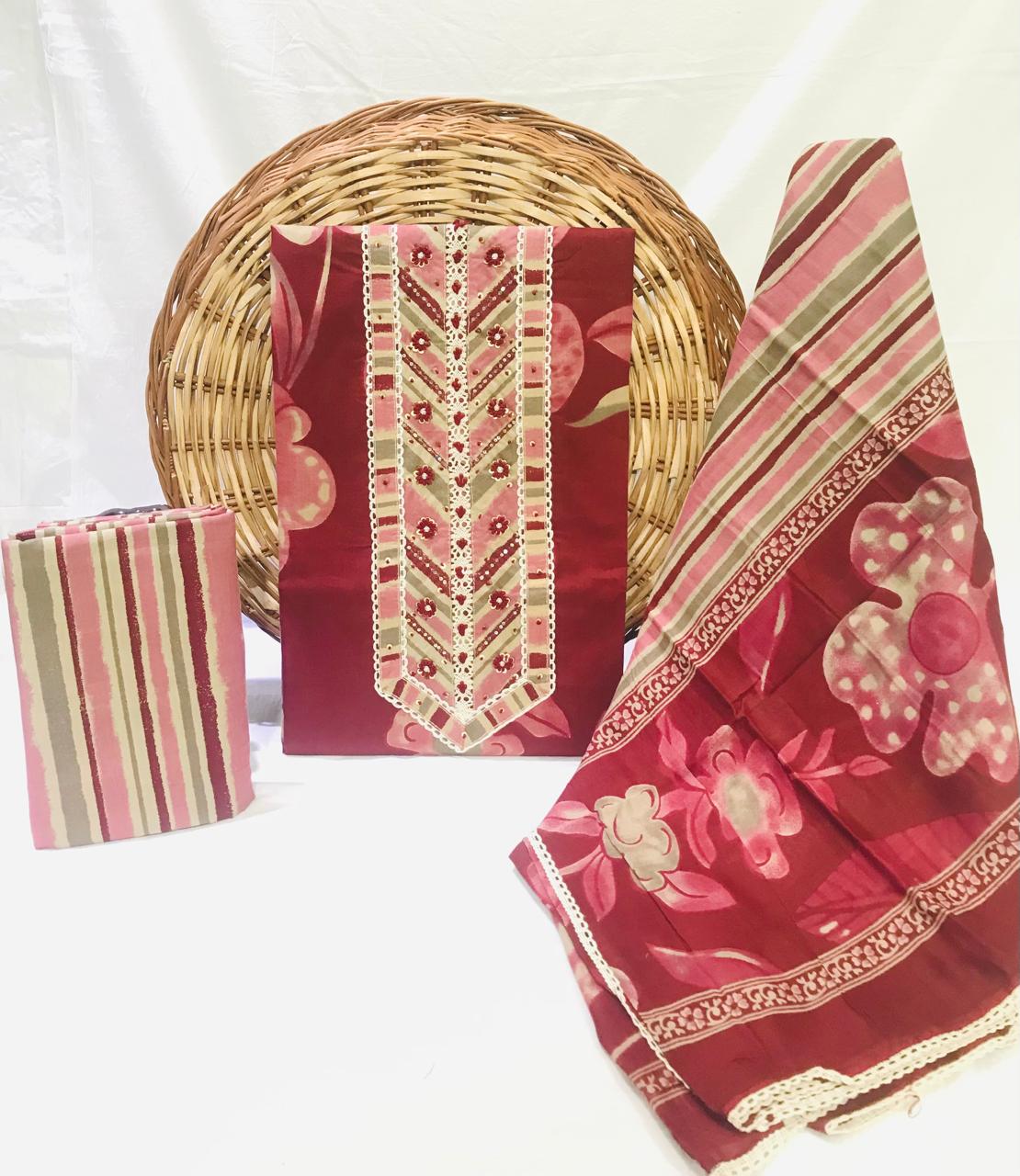 DESIGNER TIE WORK COTTON SUIT WITH MULMUL DUPATTA (GOTAYS147)