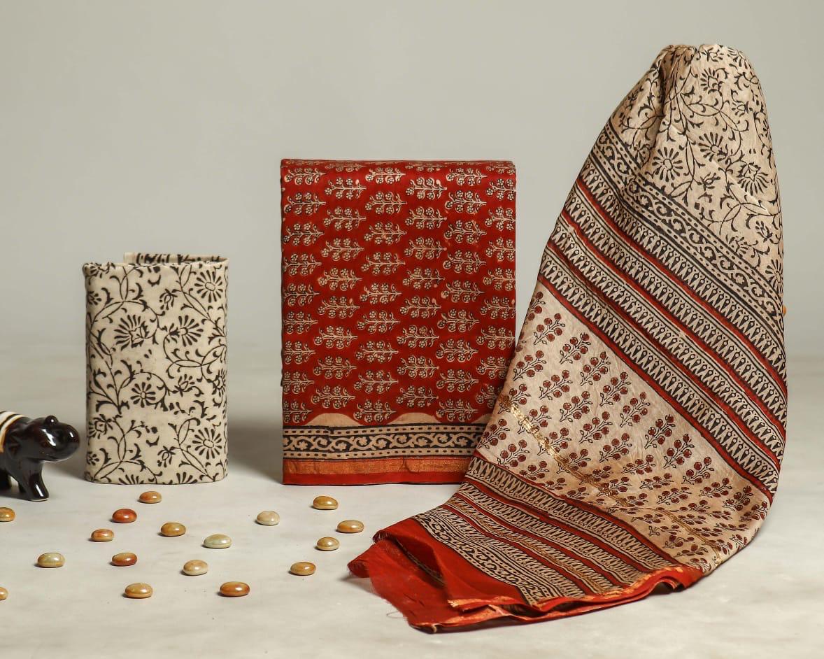 ELEGANT HAND BLOCK CHANDERI SILK SUIT SET WITH CHANDERI DUPATTA (CHDYS197)