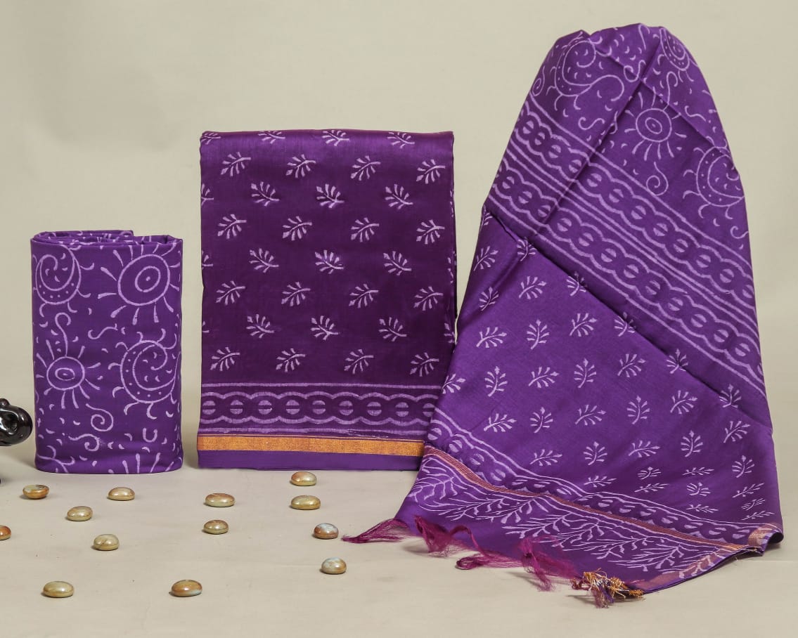 NATURAL HAND BLOCK PRINT CHANDERI SILK SUIT SET WITH CHANDERI DUPATTA (CHDYS88)