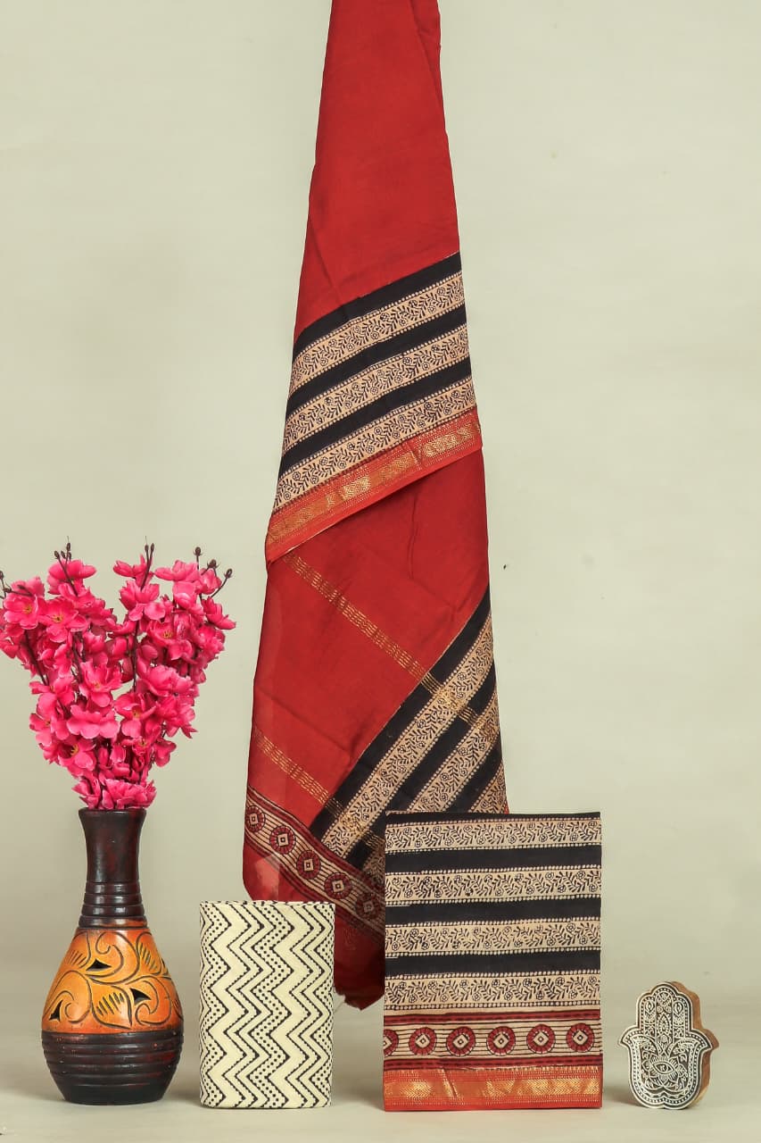 DESIGNER HAND BLOCK BAGRU PRINT MAHESHWARI SILK SUIT SET(MSLYS35)