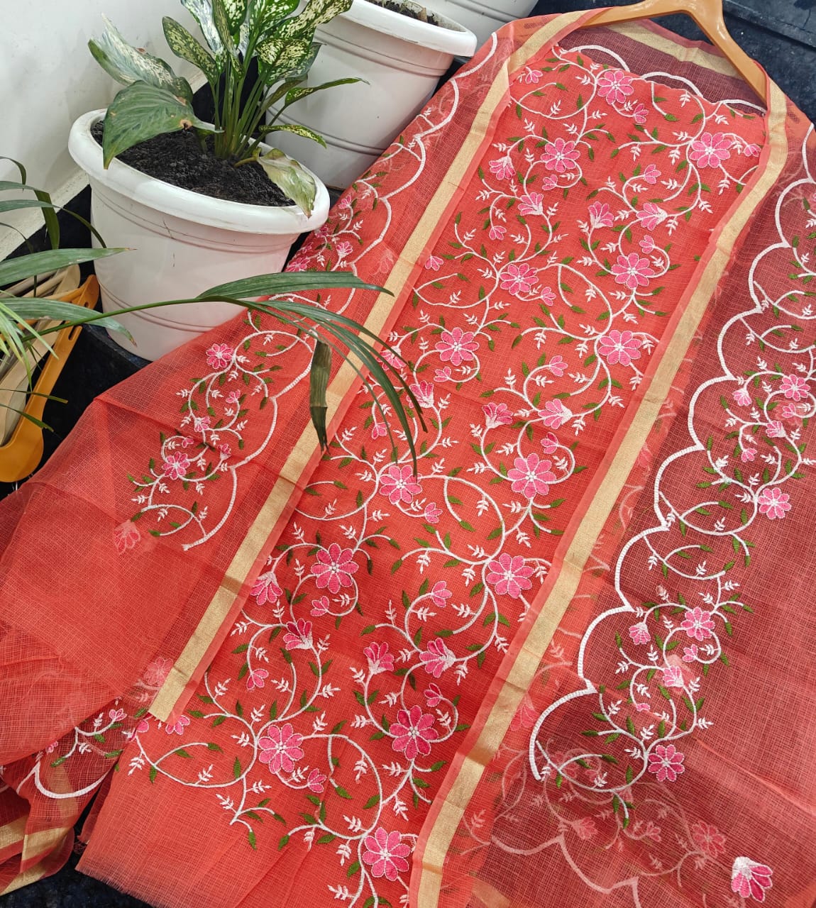 Yuvi Style Orange Kota Doria Suit With Embroidery Work (FKDYS98)