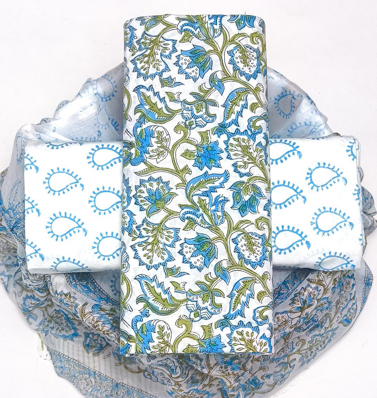 TRADITIONAL HAND BLOCK PRINT PURE COTTON SUIT WITH CHIFFION DUPTTA (PCHFYS72)