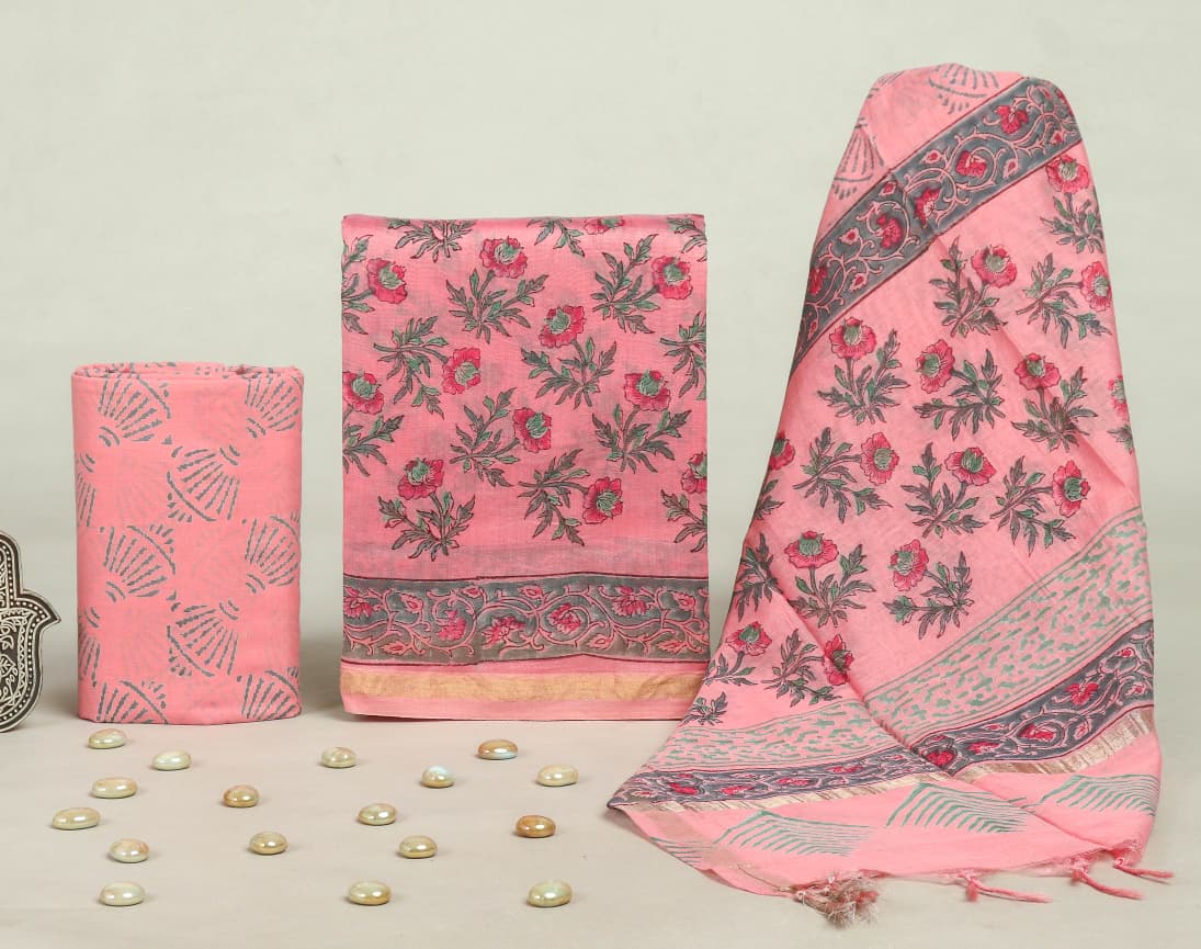 TRADITIONAL HAND BLOCK CHANDERI SILK SUIT SET WITH CHANDERI DUPATTA (CHDY206)