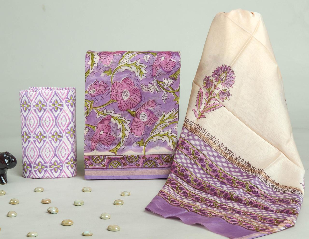 DESIGNER HAND BLOCK PRINT CHANDERI SILK SUIT SET WITH PREMIUM CHANDERI DUPATTA (CHDYS104)