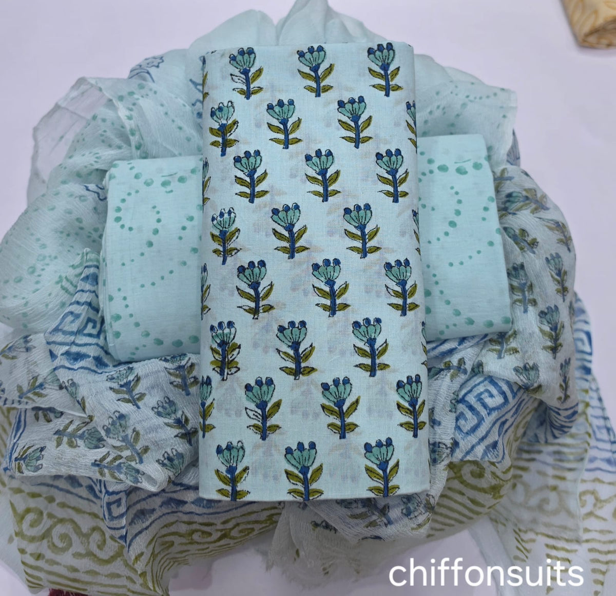 DESIGNER HAND BLOCK PRINT PURE COTTON SUIT WITH CHIFFON DUPATTA (PCHFYS182)