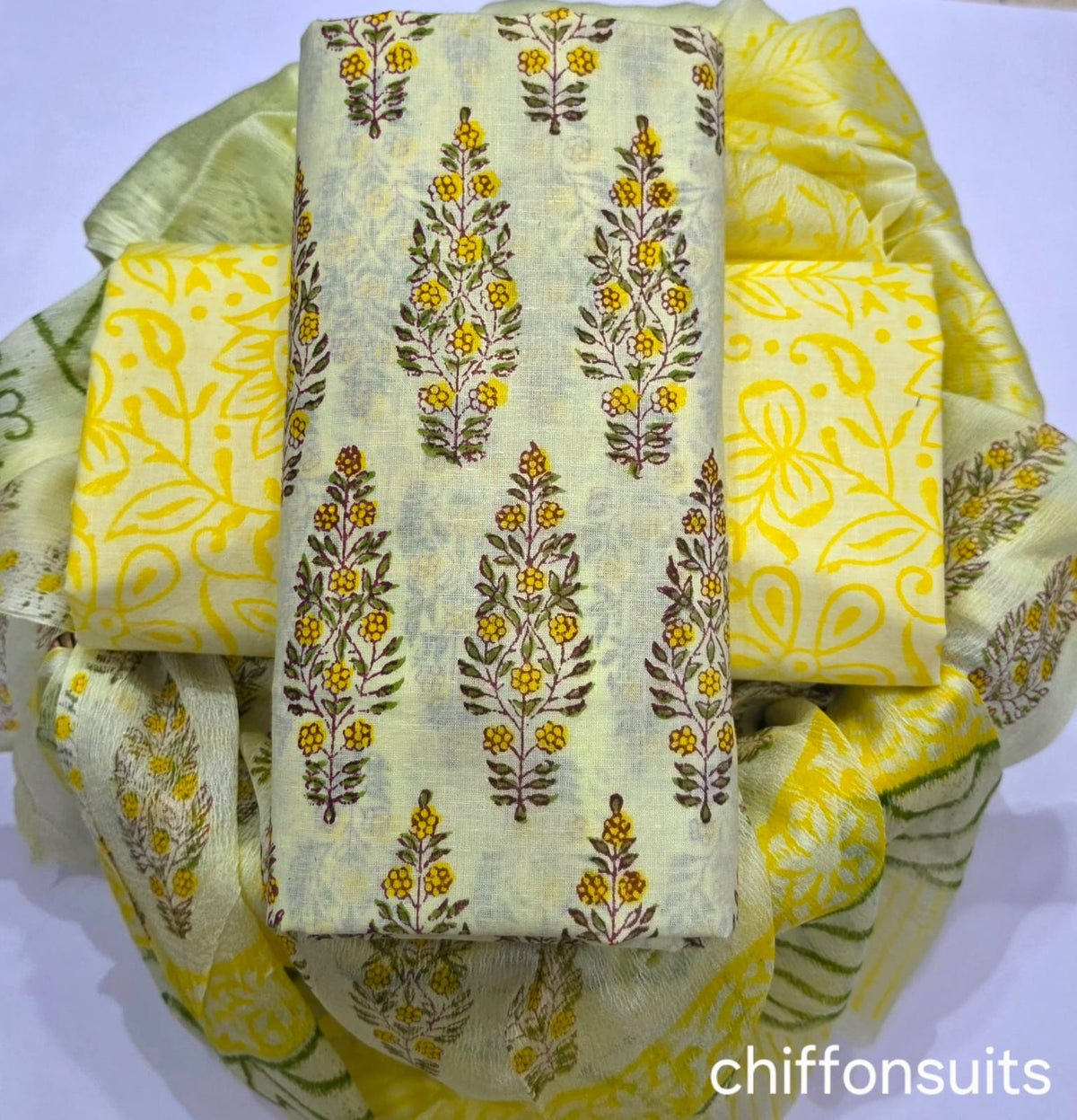 YUVI STYLE HAND BLOCK PRINT PURE COTTON SUIT WITH CHIFFION DUPTTA (PCHFYS88)