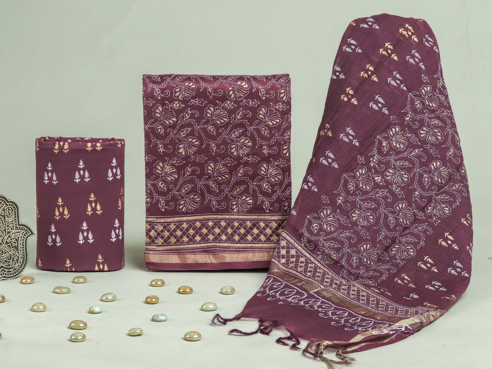 DESIGNER HAND BLOCK PRINT CHANDERI SILK SUIT WITH PREMIUM CHANDERI DUPATTA (CHDYS296)