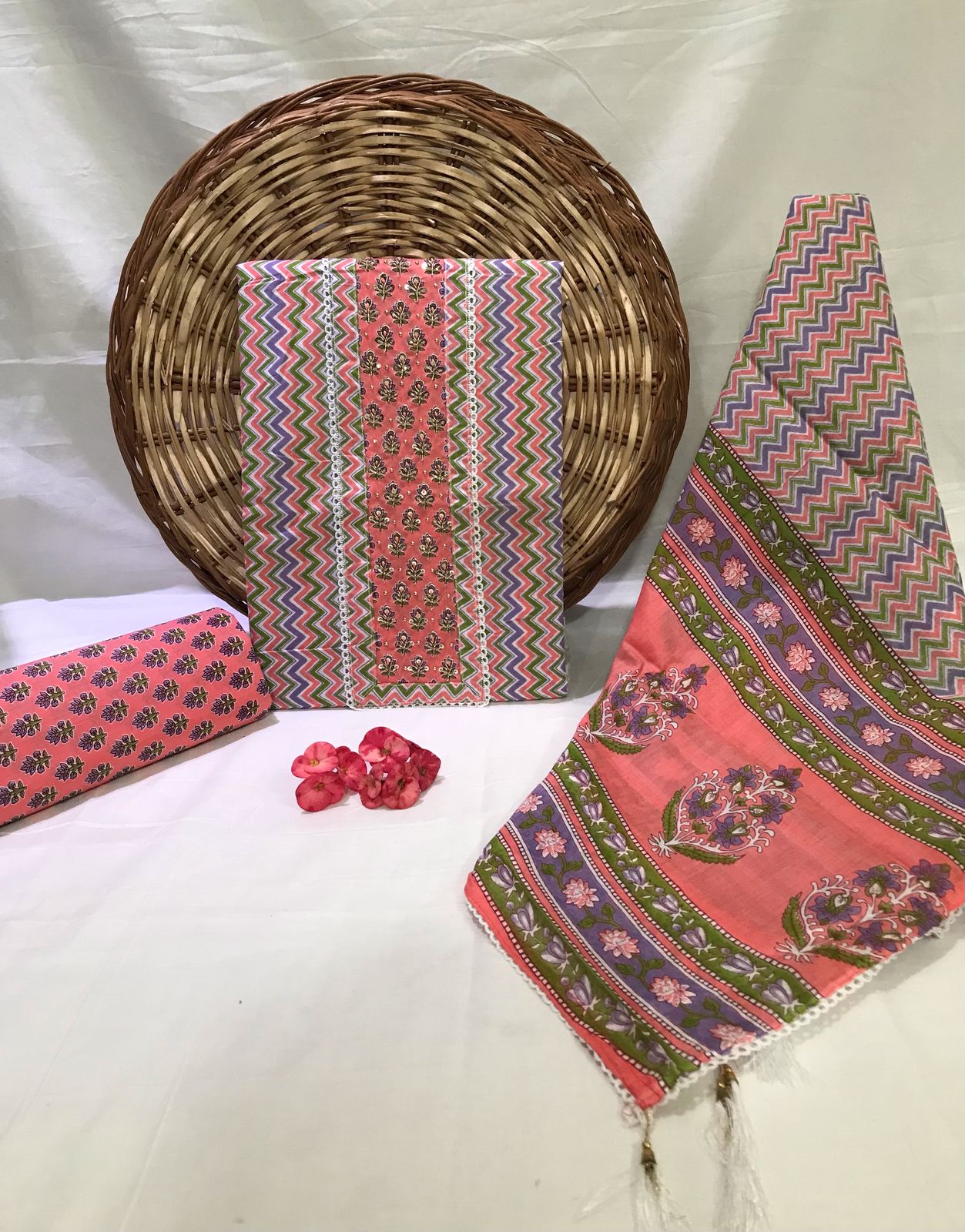 JAIPURI PRINTED COTTON NECK WORK SUITS WITH MULMUL DUPATTA (GOTAYS133)
