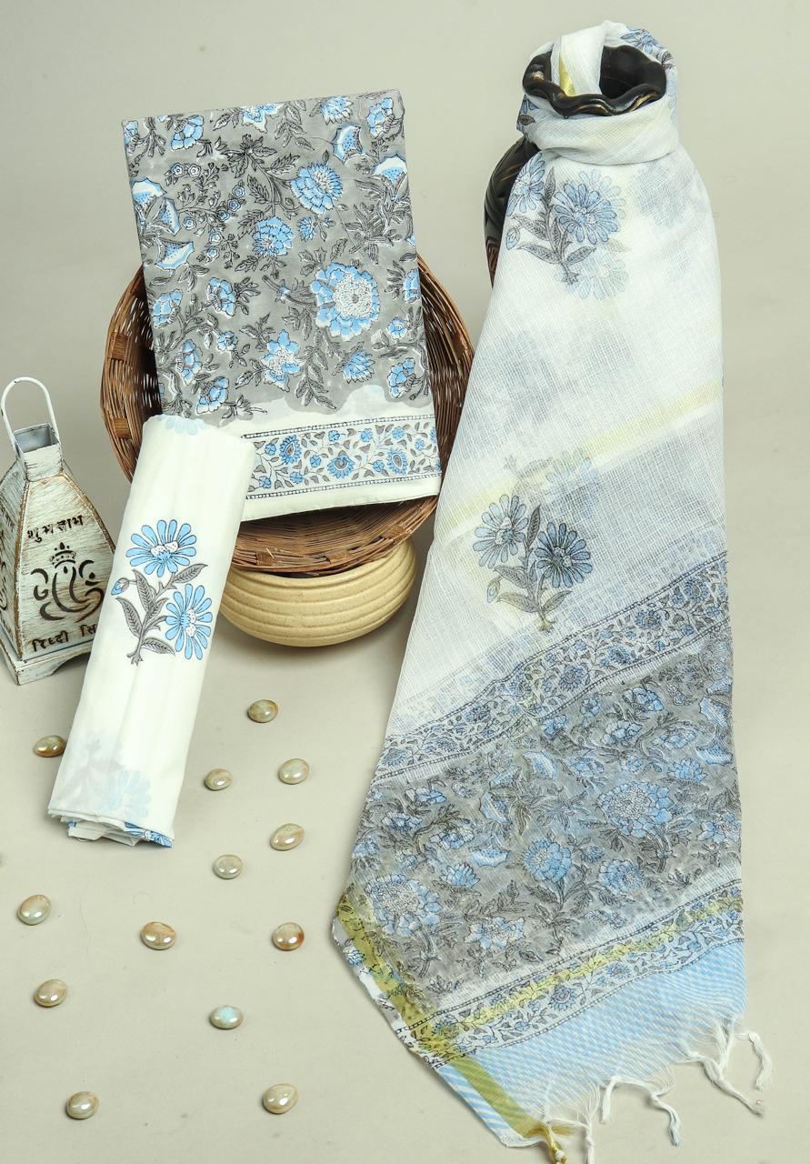 DESIGNER HAND BLOCK PRINT PURE COTTON SUIT WITH KOTA DORIA DUPATTA (3CKDYS101)