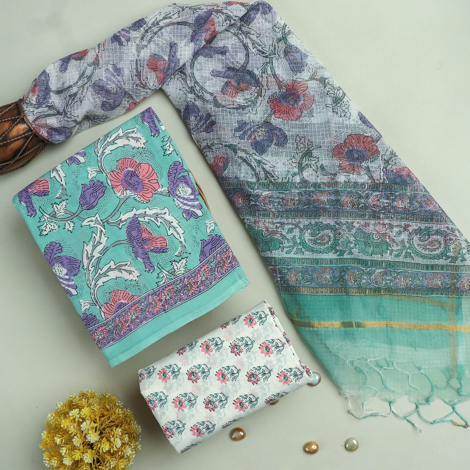 TRADITIONAL HAND HAND BLOCK PURE COTTON SUIT WITH KOTA DORIA DUPATTA (3CKDYS246)