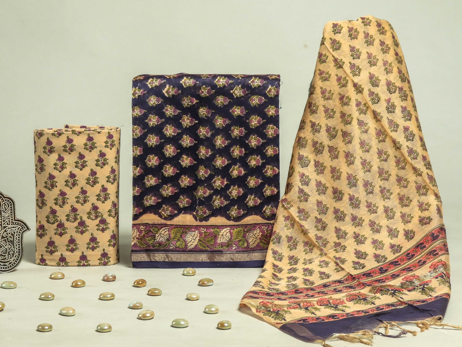 ELEGANT HAND BLOCK CHANDERI SILK SUIT SET WITH CHANDERI DUPATTA (CHDYS257)