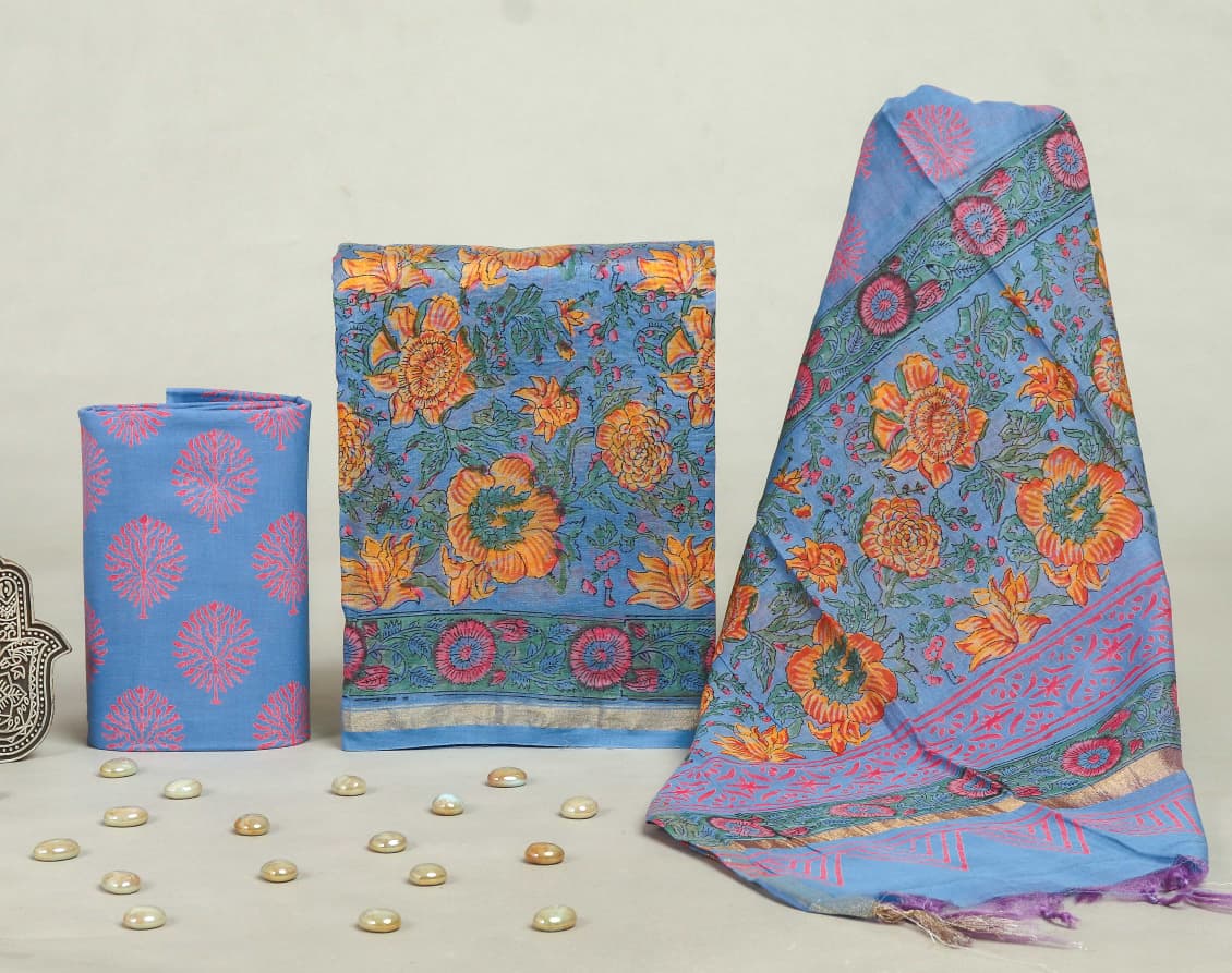 DESIGNER HAND BLOCK PRINT CHANDERI SILK SUIT SET WITH PREMIUM CHANDERI DUPATTA (CHDYS76)