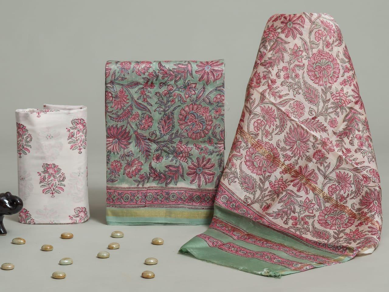 DESIGNER HAND BLOCK PRINT CHANDERI SILK SUIT SET WITH PREMIUM CHANDERI DUPATTA (CHDYS69)