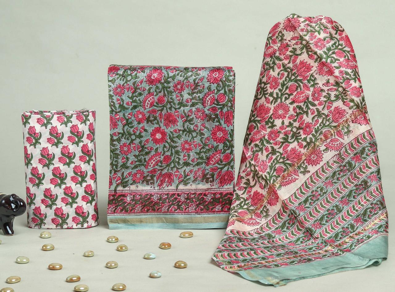 ELEGANT HAND BLOCK CHANDERI SILK SUIT SET WITH CHANDERI DUPATTA (CHDYS178)