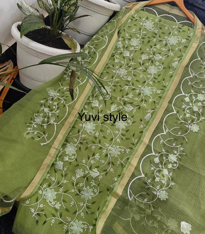 Yuvi Style Green Kota Doria Suit With Embroidery Work (FKDYS100)